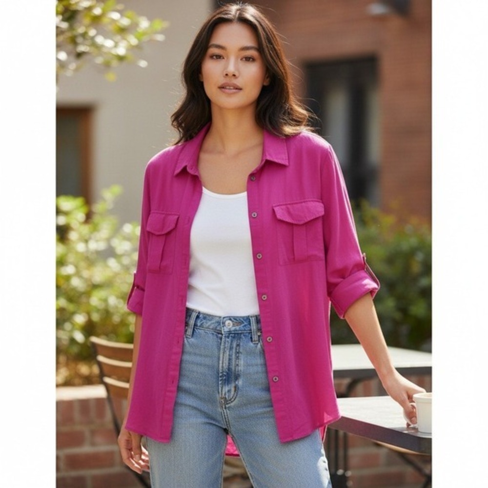 Vintage‎ Chaus Womens Magenta Pink Linen Blend Roll Tab Sleeve Button Down Shirt